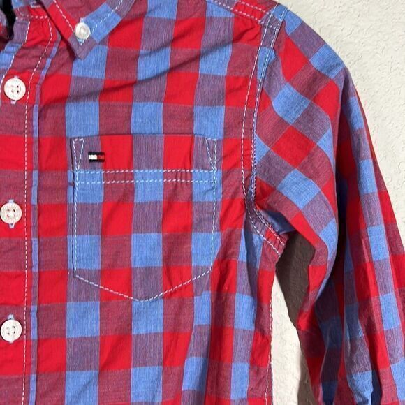 Tommy Hilfiger Red Blue Plaid Round Hem Longsleeves Button Down Shirt Boys Small - Picture 3 of 6